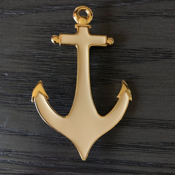 Sea Sailboat Anchor Brooch Pin Gold Tone Ivory Enamel Nautical Costal Cruise Wea - Picture 2 of 5